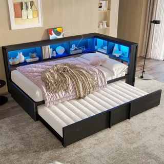 MODFU Schlafsofa ohne Matratze 90x200 Tagesbett mit USB-Anschlüssen,Metall-Tagesbett mit integrierte LED-Beleuchtung und Ausziehbett,schwarz - Schwarz