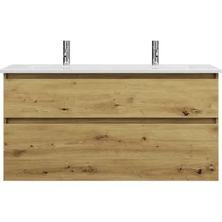 burgbad Lin20 Keramik-Waschtisch Weiß Glänzend mit 2 Armaturbohrungen inklusive Waschtischunterschrank, 2 Auszüge, 1230x495x622mm, SGHJ123F5353C0001, Farbe: Eiche Dekor Urban