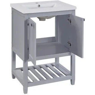 Modfu Waschtisch mit Unterschrank aus Massivholz und MDF 61x46x90 cm Grau/Weiß, bodenstehend mit Keramikbecken und Stauraum , Holzwerkstoff , 61x90x46 cm , Badezimmer, Waschbecken & Armaturen, Waschtische