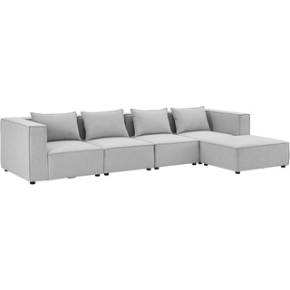 Modulares Sofa Domas 4 Sitzer mit Ottomane, Armlehnen + Kissen Stoff Hellgrau