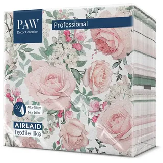 Paw Decor Collection PAW - Servietten aus Airlaid - Stoffähnlich (40 x 40 cm) I 50 Stück I Ideal für Hochzeit, Taufe, Kommunion, Geburtstag I Stoffservietten - Blumen, Rosen I Farbe: Gorgeous Roses