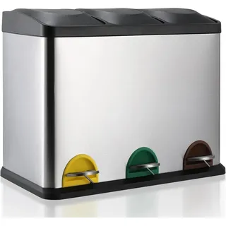 Mülleimer Abfalleimer - Treteimer - 3 Fächer - 3 x 6 L - Rechteckig - Metall - Für Küche - Silber