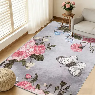 FTCJWL Waschbarer Kurzflor Teppich 80x150cm Orientalischer Teppich mit Schmetterlingsblumen - Weich & rutschfest für Wohnzimmer, Schlafzimmer, Esszimmer in Landhausstil Grau-Dekor