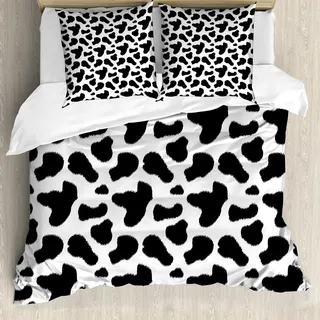ABAKUHAUS Kuh-Druck Bettbezug Set, Cow Hide Pattern mit Spots Farm Life mit Vieh Tarnung Animal Skin, 155 x 220 cm + 80 x 80 cm, Charcoal Grau Weiß