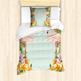 ABAKUHAUS Flamingo Bettbezug Set für Einzelbetten, Tropische Blumen Tiere, Milbensicher Allergiker geeignet mit Kissenbezug, Babyblau Mehrfarbig