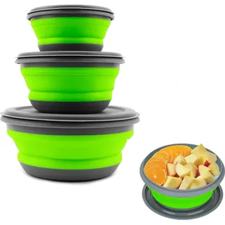 Faltbare Silikon-Schüssel mit Deckel für Camping und Wandern - Set von 3 - Grasgrün