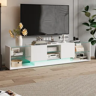 Fortuna Lai LED TV-Lowboard 200 cm – Hochglanz Fernsehtisch mit RGB-Beleuchtung & Glasablagen – Modernes TV-Board mit Stauraum, Weiß - Weiß