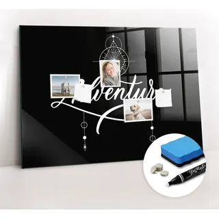 Magnetische Wandnotiztafel - Weißer Marker + Schwamm + Magnete 100 x 70 cm - Abenteuer - Schwarz