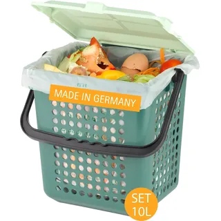 bioMat AirBox® Biomülleimer für die Küche, inkl. 10l kompostierbare Biobeutel (52 STK. mit Henkel), Komposteimer mit perforiertem Deckel