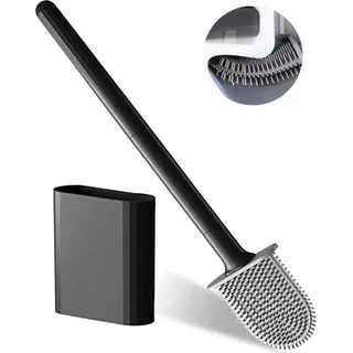 Silikon-Toilet-Bürste mit flacher und flexibler Kopf, Toilet-Bürste, Wandmontage ohne Bohren, schwarz - Schwarz