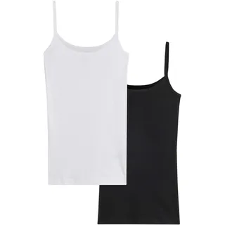 Spaghettitop BONPRIX "Spaghettiträger-Top aus reiner Baumwolle, 2er Pack", Damen, Gr. 36/38 (S), weiß (weiß, schwarz), Obermaterial: 100% Baumwolle, slim fit, Tops Spaghettitop, figurbetonte Slim-Fit-Passform, ärmelloses Design, in Rippware-Optik