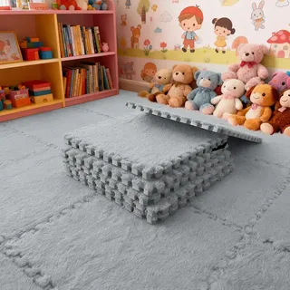 12 Stück Teppichboden Schaumstoffmatte, Plüsch Teppichfliesen, Ineinandergreifender Wohnzimmer Memory Foam Teppich (Weiß)