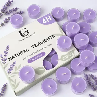 20 Stück Duftteelichter Lavendel – 4 Stunden Brenndauer, langbrennende Duftkerzen für Zuhause, Entspannung, romantische Abendessen und Dekoration