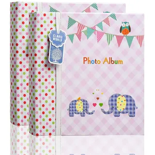 ARPAN Einsteckalbum für 200 Fotos zur Taufe, Babyparty, Geschenk für Familie (rosa Elefanten), 24 x 4 x 24 cm