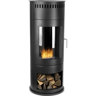 Design Ethanol Kamin rund freistehend 113 cm hoch mit Sichtfenster Schwarz Standkamin für Wohnzimmer Kaminofen Optik Bioethanol Deko Kamin ohne Schornstein - Schwarz