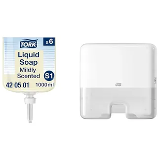 Tork Mild Duftende Hand Flüssigseife S1, frischer Duft, 6 x 1000 ml, 420501 & Xpress Mini Spender für Multifold-Handtücher Weiß H2, Einzeltuchentnahme, Elevation Design, 552100