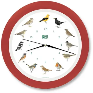 KOOKOO Singvögel Quarzwerk Erdbeer-Rot, Die Singende Vogeluhr, runde Wanduhr mit natürlichen Vogelstimmen