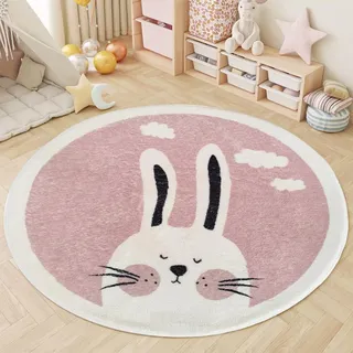 AIMECO Rund Kinderteppich 100cm - Rosa Kaninchen Motiv, Weicher Kaschmir-Look, rutschfest & Pflegeleicht - Spielteppich für Mädchen Schlafzimmer, Kinderzimmer & Wohnzimmer Deko