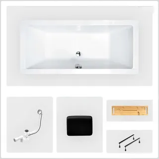 Rechteckige Badewanne - 190 x 90 cm - ohne Verkleidung - mit Füßen - Kopfstütze - Bambusablage - Chromablauf - QUADRO