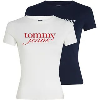 T-Shirt TOMMY JEANS "TJW 2PACK ESSENTIAL LOGO TEE", Damen, Gr. M (38), blau (ecru, schwarz night navy), Single Jersey, Obermaterial: 70% Baumwolle, 30% Viskose, bedruckt, slim fit kurz, Rundhals, abgesteppt, Shirts T-Shirt, mit Logodruck