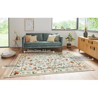 HANSE HOME Nouristan Naveh Orient Teppich – Wohnzimmerteppich Orientalisch Kurzflor mit Fransen Vintage Orientalischer Samt-Teppich für Esszimmer, Wohnzimmer, Schlafzimmer – Creme, 160x230cm