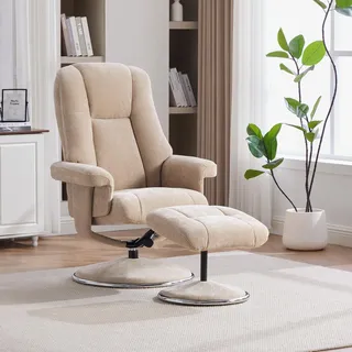 STILVORA Relaxsessel drehbar mit Hocker aus Chenille-Stoff und Vollmetallsockel, Sessel mit stoffbezogener Basis, Loungesessel im nordischen Design stabil - Taupe