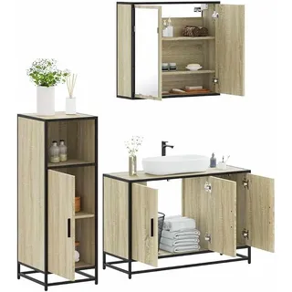 Badmöbel Set Sonoma-Eiche aus Holzwerkstoff, 3 teilig mit Spiegelschrank, Waschbeckenunterschrank und Hochschrank, 65 x 20 x 60 cm, 90 x 33 x 60 cm, 35 x 37,5 x 100 cm für Bad und Gäste WC - Braun