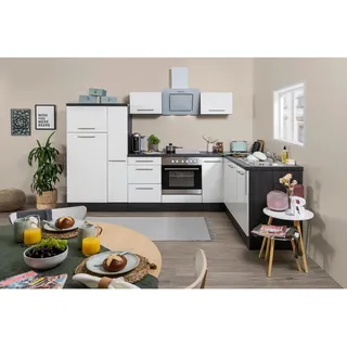 Respekta Winkelküche L-Form 290 x 200 cm Weiß Hochglanz-Eiche Grau