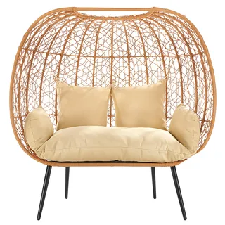 Kobolo Loungesessel SERENA Metall Zweisitzer mit Metallgestell und Kissen | Korbsessel Polyrattan Gartensofa Gartenlounge Boho Gartenmöbel Outdoor - Beige