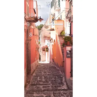 Wallario Design Wanduhr Südländische Gasse- Italien bei Sonnenschein aus Echtglas, Größe 30 x 60 cm - Weiß