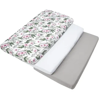 Medi Partners Spannbettlaken 60x120 3-Pack Baby Bettlaken Kinderbett Spannbetttuch 100% Baumwolle - Fitted Kinder Sheet Bettwäsche Babymatratze Schlafsack Babybett (Blumen-Weiß-Graue)