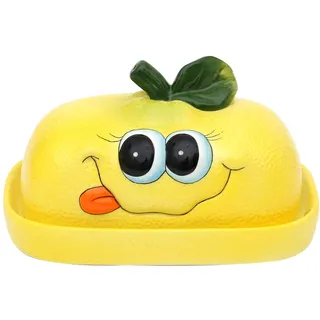 Dekohelden24 Keramik Butterdose als Zitrone in gelb, Maße ca. 16,5 x 11 x 10 cm.