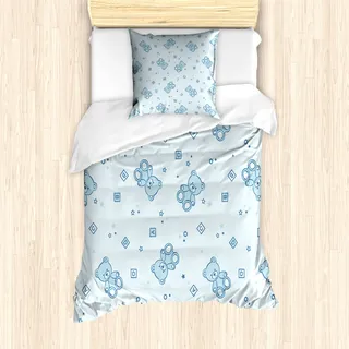 ABAKUHAUS Kindergarten Mantele, Teddybär Spielzeug Letters, Milbensicher Allergiker geeignet mit Kissenbezügen, 135 cm x 200 cm - 80 x 80 cm, Baby Blue Aqua