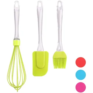 Relaxdays Backpinsel Set, 3-teiliges Backset mit Kochpinsel, Teigschaber & Schneebesen, Backzubehör aus Silikon, grün