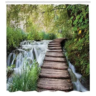 ABAKUHAUS Natur Duschvorhang, Stream im grünen Dschungel, Stoffliches Gewebe Badezimmerdekorationsset mit Haken, 175 x 200 cm, Weiß Braun Grün