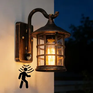 SUZNIU Außenwandleuchte Außenlampe mit Bewegungsmelder, Wandleuchte Aussen Vintage Aussenlampe Wand Glas Aluminium Wasserdichte, Garten E27 Wandlampe Ohne Leuchtmittel, für Garage Terrasse Eingang