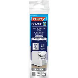 tesa INSULATION Premium Türdichtschiene für unebene Böden - Selbstklebende Alu-Türdichtung zum Schutz vor Zugluft - Weiß - mit Bürstendichtung bis 15 mm