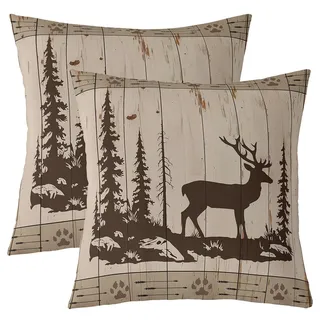 Loussiesd Kinder Rustikale Kabine Hirsch 2er Set Kissenbezüge 45x45cm Wilde Tiere Hirsch Kissenhülle Jungen Mädchen Zimmer Dekor, Hirsch Jagd Thema Kissenbezug Dschungel Wild Tier Hirsch Dekokissen