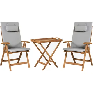 BELIANI Balkonset Hellbraun Akazienholz Verstellbar mit Auflagen Hellgrau UV-Beständig Teetisch mit 2 Stühlen Rustikaler Stil Terrasse Garten Möbel - Braun, Grau