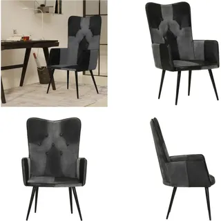 vidaXL Ohrensessel Schwarz und Grau Echtleder - Ohrensessel - Wingback Sessel - Sofasessel - Canvas Sessel - Schwarz