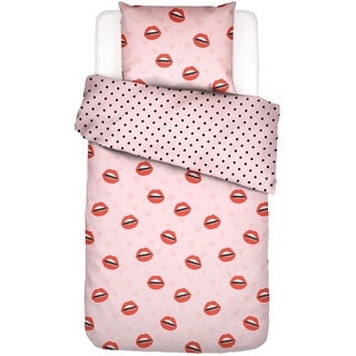 Covers & Co Bettwäsche Kiss My Sass Lippen Und Herzen Bio-Baumwolle Perkal (GOTS) Rose, 155x220 + 1 x 80x80 cm