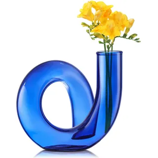Joeyan Handgefertigte Kleine Deko Vase,12CM Blau Blumenvasen für Trockenblumen Pampasgras Einzelne Rose,Bunt Glasvasen Desktop, Modern Geometrische Deko Aesthetic für Wohnzimmer Tischdeko Zimmer