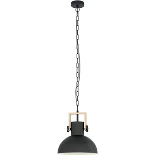 EGLO Pendellampe Lubenham, Vintage Pendelleuchte im Industrial Design, Retro Hängelampe aus Stahl und Holz, Farbe Schwarz, braun, Fassung E27, FSC zertifiziert