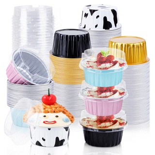 RETON 100 Stücke Backförmchen aus Aluminiumfolie, Wasserdicht Muffinförmchen mit Deckel, 5 oz Cupcake Förmchen Muffinförmchen Aluminiumfolie für Cupcakes, Muffins, Käsekuchen, Dessert (5 Farben)