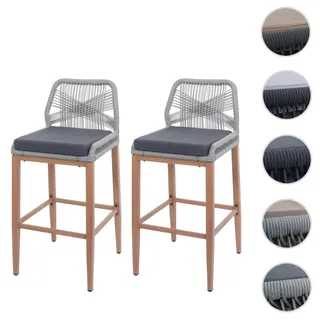 2er-Set Rope-Barhocker HWC-O21, Outdoor Sitzpolster Seilgeflecht Metall Holz-Optik ~ hellgrau, Kisse