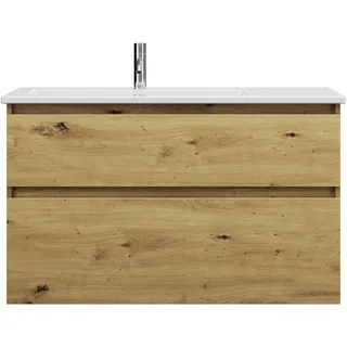 burgbad Lin20 Keramik-Waschtisch Weiß Glänzend inklusive Waschtischunterschrank, 2 Auszüge, linksbündig, 1030x495x622mm, SGHH103F5353C0001, Farbe: Eiche Dekor Urban