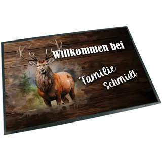Unikatolo Fußmatte Hirsch mit Name personalisiert (Hirsch-1, 60x40cm) | rustikaler Abtreter für Flur & Eingangsbereich, Türeingang, Willkommen, Einzug, zum Geburtstag für Jäger Weidmannsheil