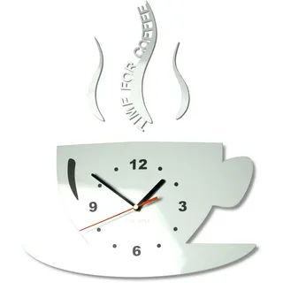 FLEXISTYLE Tasse Time for Coffee (Zeit für Kaffee) Moderne Küche Wanduhr weiß, 3D römisch, wanduhr deko, 32 x 19 cm