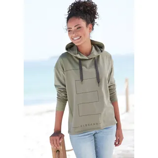 Kapuzensweatshirt ELBSAND "Dea", Damen, Gr. M (38), grün (khaki), Sweatware, Obermaterial: 95% Baumwolle, 5% Elasthan, unifarben, figurumspielend hüftlang, Sweatshirts Kapuzensweatshirt, Hoodie mit Logodruck vorne