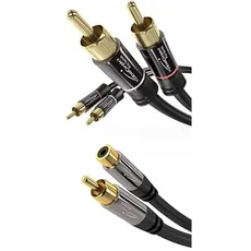 KabelDirekt – 1,5m Cinch Kabel, Stereo Audio Kabel 2 x 2 RCA (Koaxialkabel, RCA-Kabel, Subwoofer/Verstärker/HiFi & Heimkino) + 1,5m Cinch-Verlängerungskabel (RCA-Stecker zu Buchse, analog & digital)
